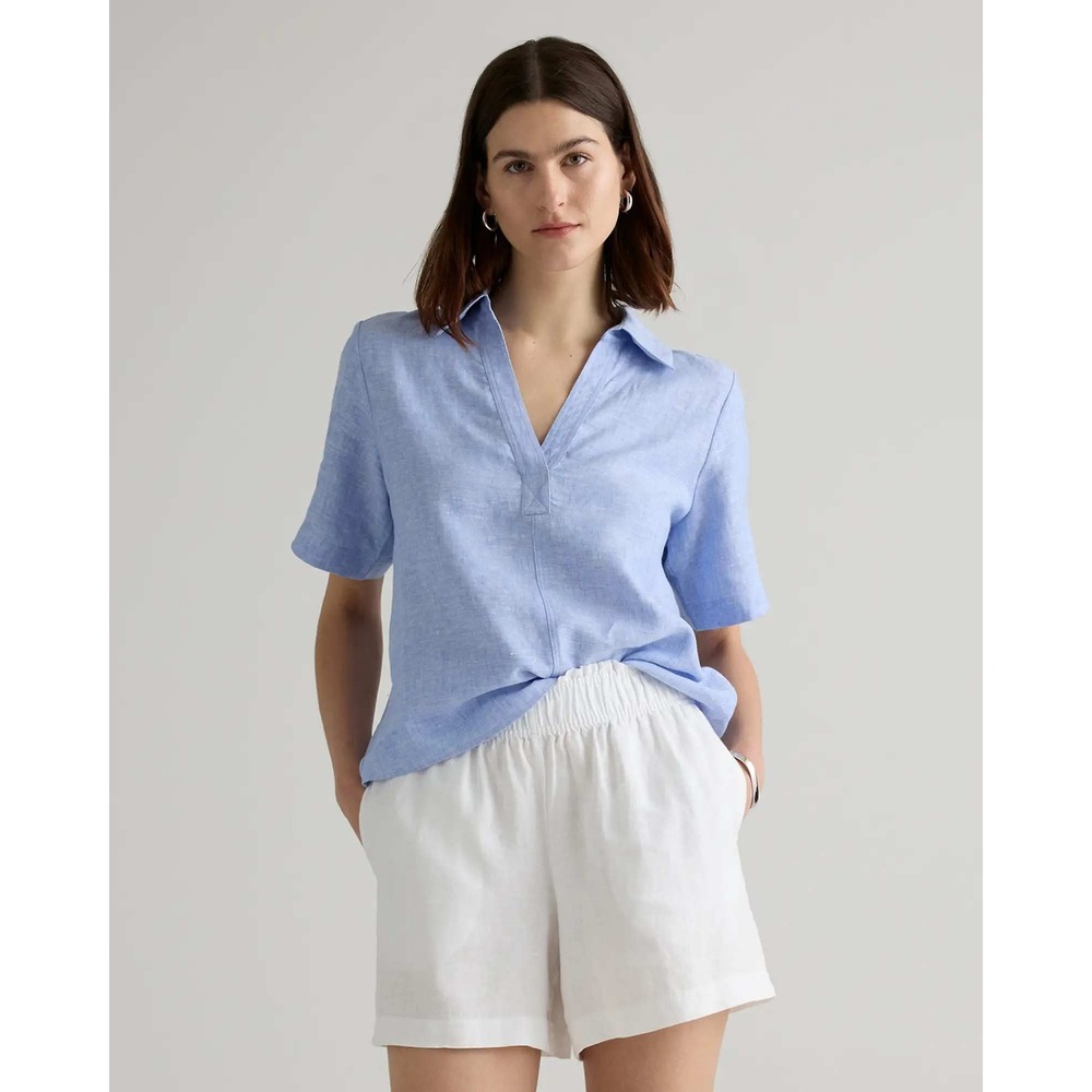 Quince European Linen Popover Top French Blue Short Sleeve V-Neck Shirt Medium